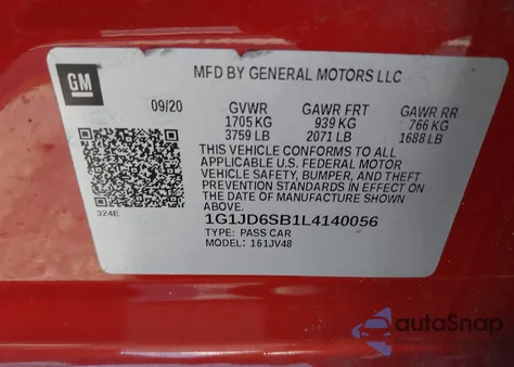 2020 Chevrolet Sonic Fwd Lt 5-Door from USA, damaged, VIN 1G1JD6SB1L4140056